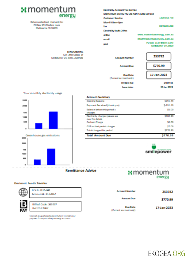Facture commerciale du service public Momentum Energy, SCR